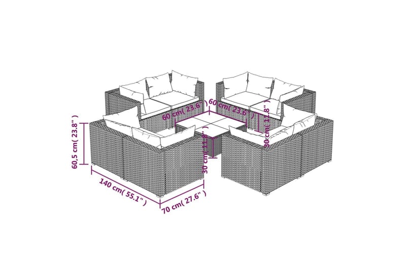 loungesæt til haven 9 dele med hynder polyrattan sort - Sort - Altanmøbler - Sofagrupper udendørs - Loungesæt