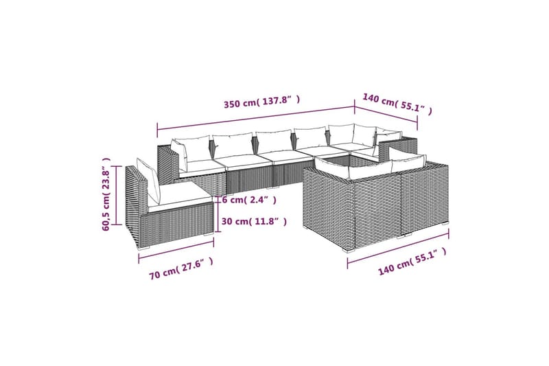 loungesæt til haven 9 dele med hynder polyrattan sort - Sort - Altanmøbler - Sofagrupper udendørs - Loungesæt