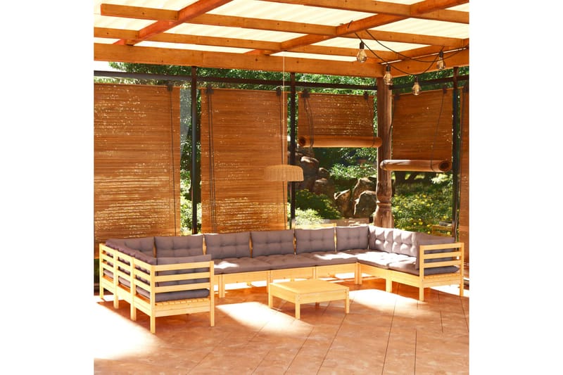 loungesæt til haven 11 dele med grå hynder fyrretræ - Grå - Loungesofaer - Havesofaer & bænke
