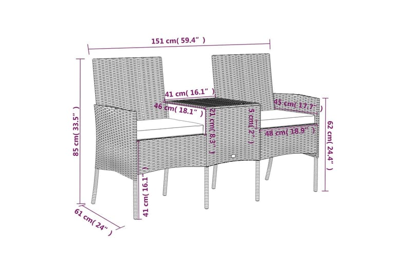 2-personers havestol med tebord polyrattan antracitgrå - Antracit - Havemøbler - Loungemøbler - Loungesofaer