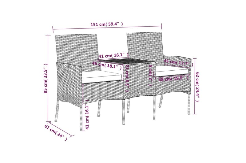 2-personers havestol med tebord polyrattan antracitgrå - Antracit - Loungesofaer - Havesofaer & bænke