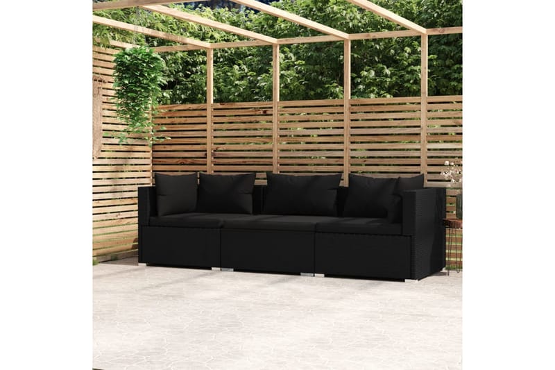 3-personers sofa med hynder polyrattan sort - Sort - Havemøbler - Loungemøbler - Loungesofaer