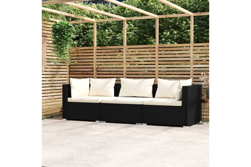 3-personers sofa med hynder polyrattan sort - Sort - Havemøbler - Loungemøbler - Loungesofaer