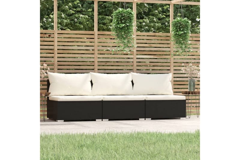 3-personers sofa med hynder polyrattan sort - Sort - Havemøbler - Loungemøbler - Loungesofaer