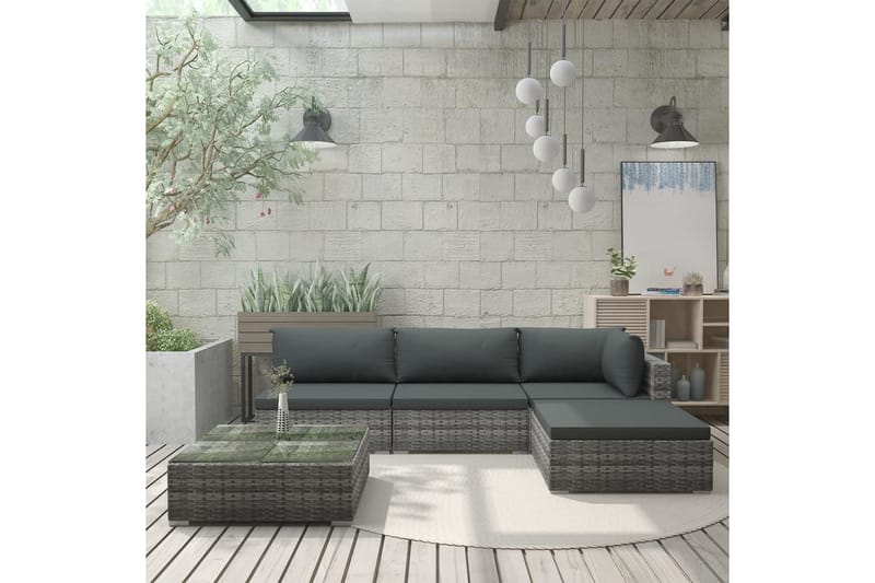 Haveloungesæt 5 dele med hynder polyrattan grå - Grå - Havemøbler - Loungemøbler - Loungesofaer