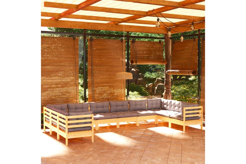 loungesæt til haven 10 dele med grå hynder fyrretræ - Grå - Loungesofaer - Havesofaer & bænke
