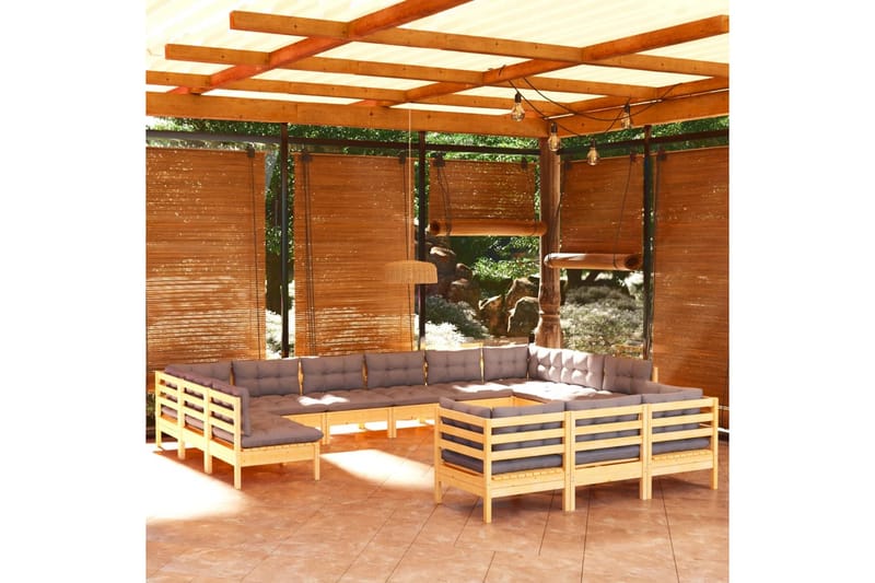loungesæt til haven 13 dele med grå hynder fyrretræ - Grå - Loungesofaer - Havesofaer & bænke