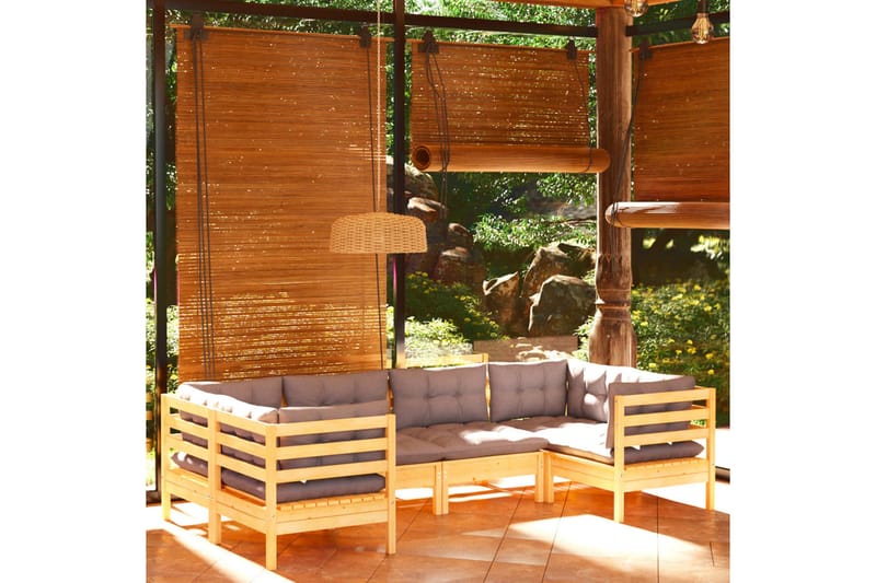 loungesæt til haven 6 dele med grå hynder fyrretræ - Grå - Loungesofaer - Havesofaer & bænke