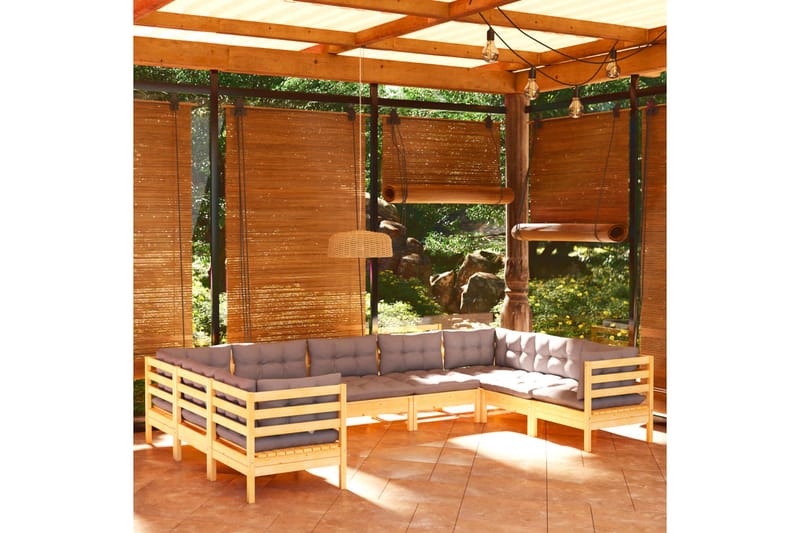 loungesæt til haven 9 dele med grå hynder fyrretræ - Grå - Loungesofaer - Havesofaer & bænke