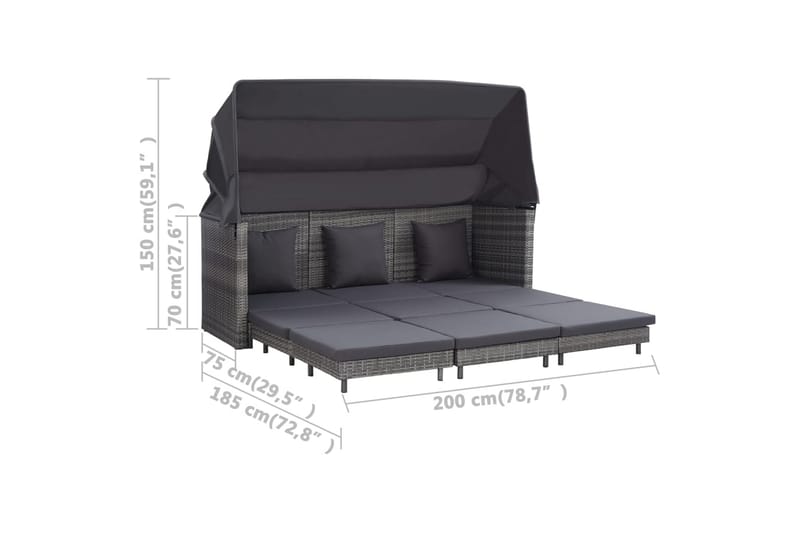 Udvidelig 3-Personers Sovesofa Med Tag Polyrattan Grå - Grå - Havemøbler - Loungemøbler - Loungesofaer