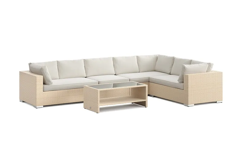 Bahamas L-formet udendørs sofa højre, 7-pers med bord og hylde, Beige