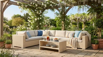 Bahamas L-formet udendørs sofa venstre, 7-pers med bord og hylde - Beige - Havemøbler - Loungemøbler - Sofagrupper udendørs