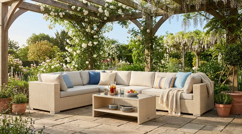 Bahamas L-formet udendørs sofa venstre, 7-pers med bord og hylde - Beige - Havemøbler - Loungemøbler - Sofagrupper udendørs