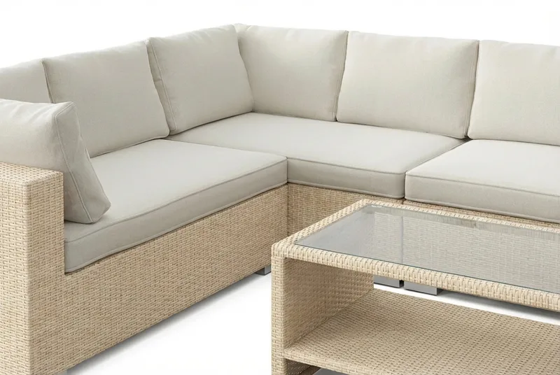 Bahamas L-formet udendørs sofa venstre, 7-pers med bord og hylde - Beige - Havemøbler - Loungemøbler - Sofagrupper udendørs