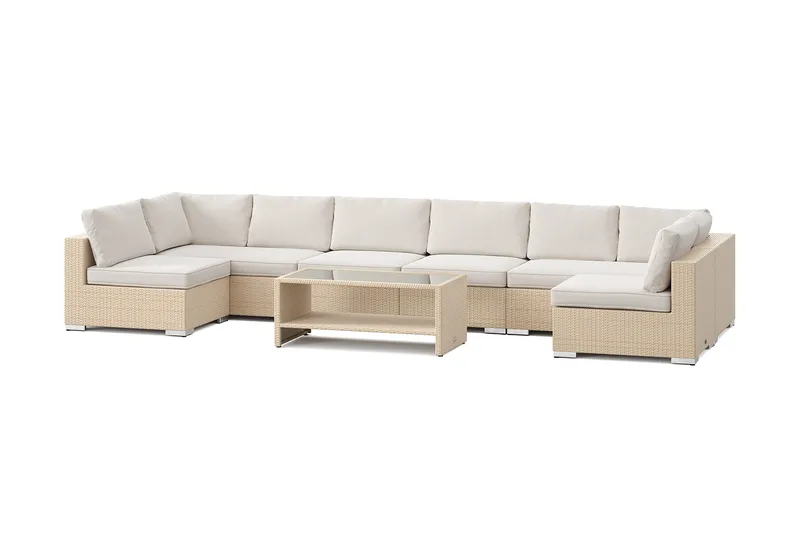 Bahamas U-formet udendørs loungegruppe med åben afslutning, 8-pers med bord og hylde, Beige