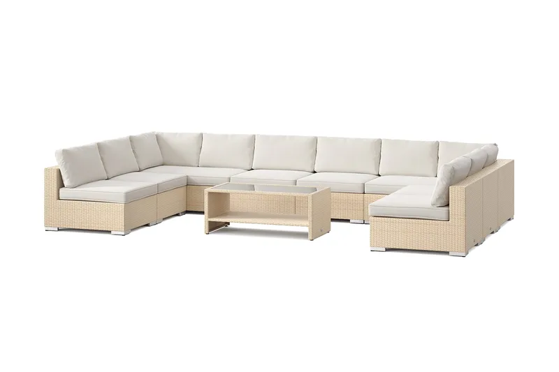 Bahamas U-formet udendørs loungegruppe med åben afslutning, 9-pers med bord og hylde, Beige