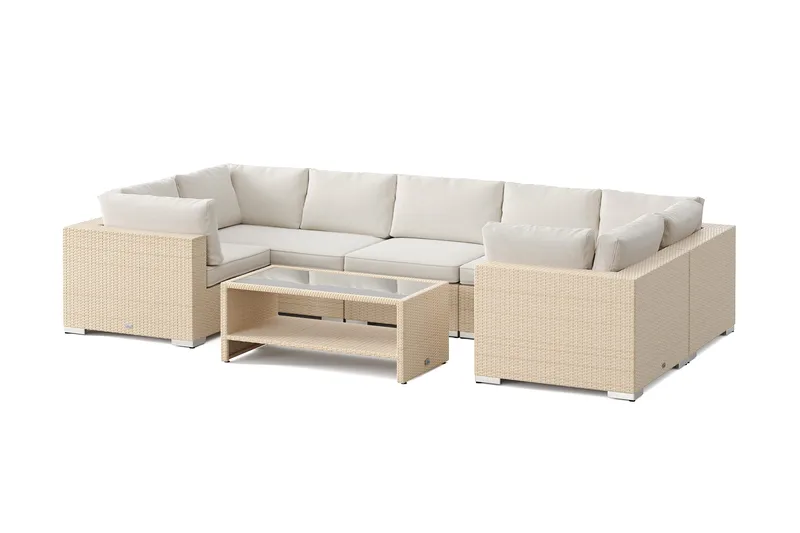 Bahamas U-formet udendørs loungegruppe med lukket afslutning, 7-pers med bord og hylde, Beige