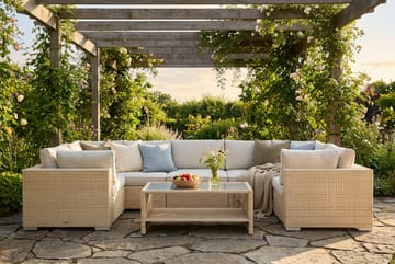Bahamas U-formet udendørs loungegruppe med lukket afslutning, 7-pers med bord og hylde - Beige - Havemøbler - Loungemøbler - Sofagrupper udendørs