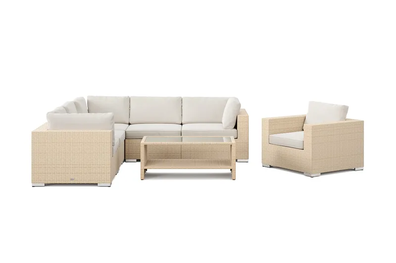 Bahamas udendørs hjørnesofa 6-pers vendbar med lænestol og bord med hylde - Beige - Havemøbler - Loungemøbler - Sofagrupper udendørs