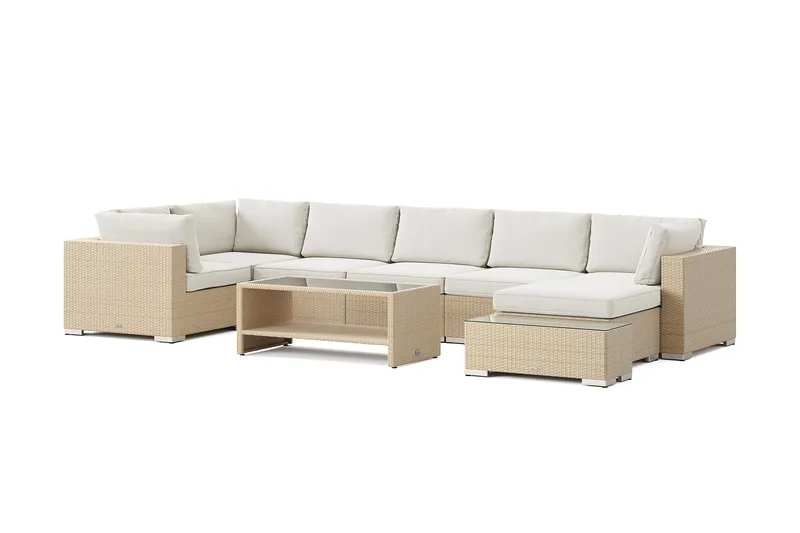 Bahamas udendørs U-sofa 7-pers vendbar divan med åben afslutning og bord med hylde, Beige