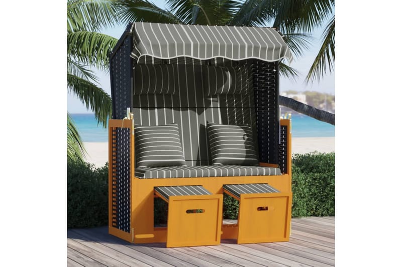 strandkurv med hynde polyrattan og massivt træ sort og grå - Sort - Havemøbler - Loungemøbler - Solseng