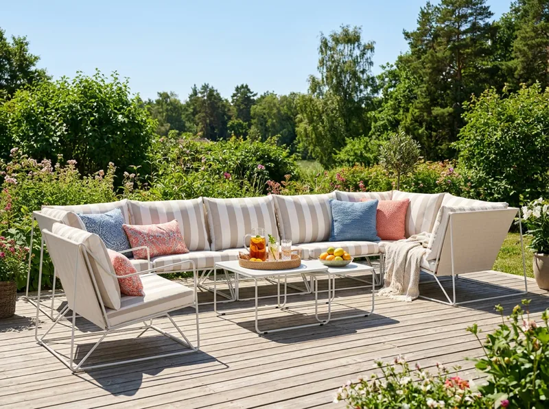 Usteryd udendørs hjørnesofa 7-personers vendbar med lænestol - Beige/Stribet - Have - Udendørs miljø - Altan & terrasse - Altanmøbler