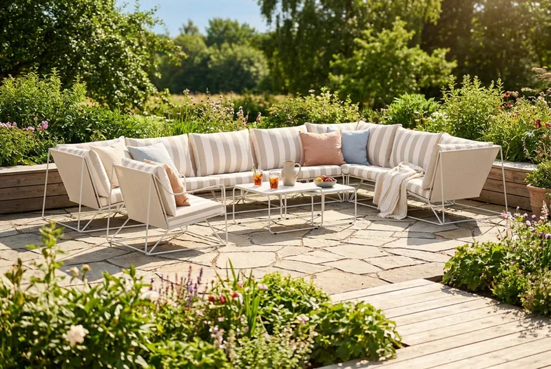 Usteryd udendørs L-sofa 8-personers vendbar med lænestol - Beige/Stribet - Havemøbler - Loungemøbler - Sofagrupper udendørs