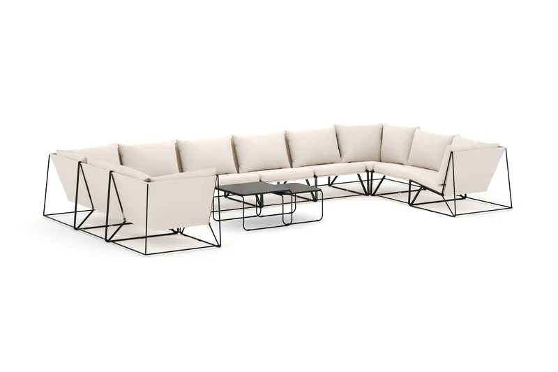 Usteryd udendørs U-sofa 10-personers med lukket afslutning, Sort/Beige