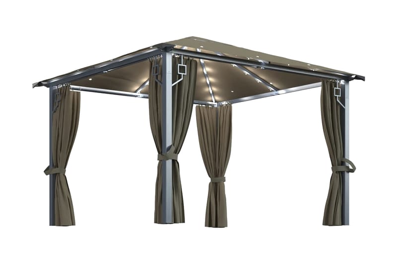 pavillon med gardin og lyskæde 300x300 cm aluminium gråbrun - Gråbrun - Komplet pavillon