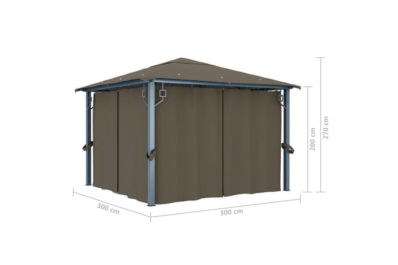 pavillon med gardin og lyskæde 300x300 cm aluminium gråbrun - Gråbrun - Komplet pavillon