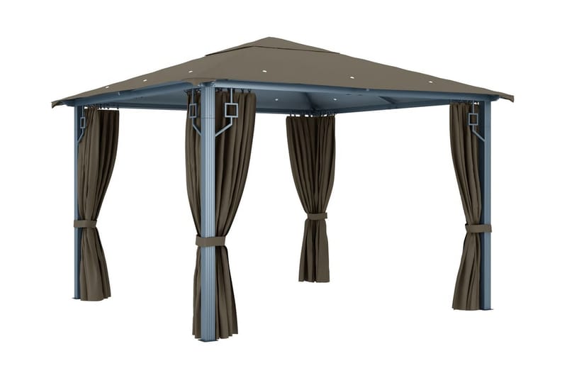 pavillon med gardin og lyskæde 300x300 cm aluminium gråbrun - Gråbrun - Havemøbler - Solafskærmning - Havepavilloner - Komplet pavillon