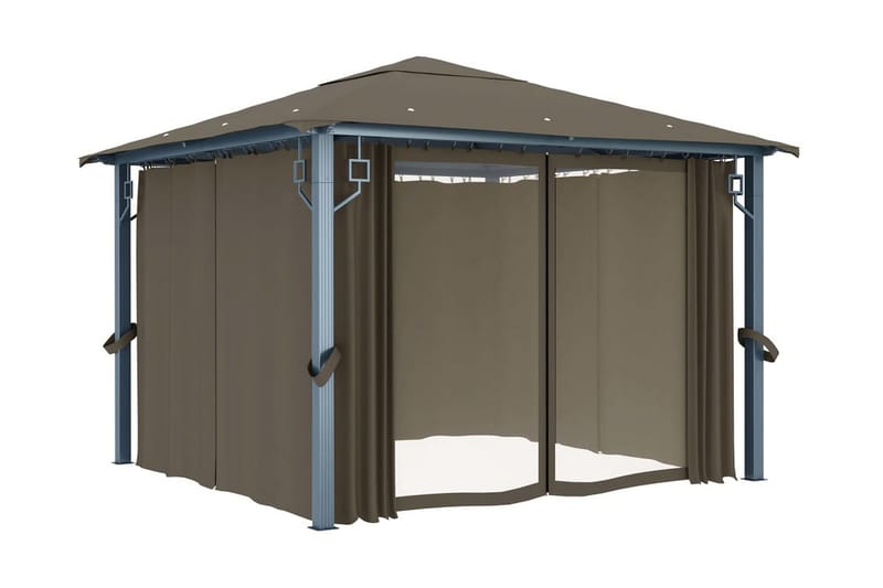 pavillon med gardin og lyskæde 300x300 cm aluminium gråbrun - Gråbrun - Havemøbler - Solafskærmning - Havepavilloner - Komplet pavillon