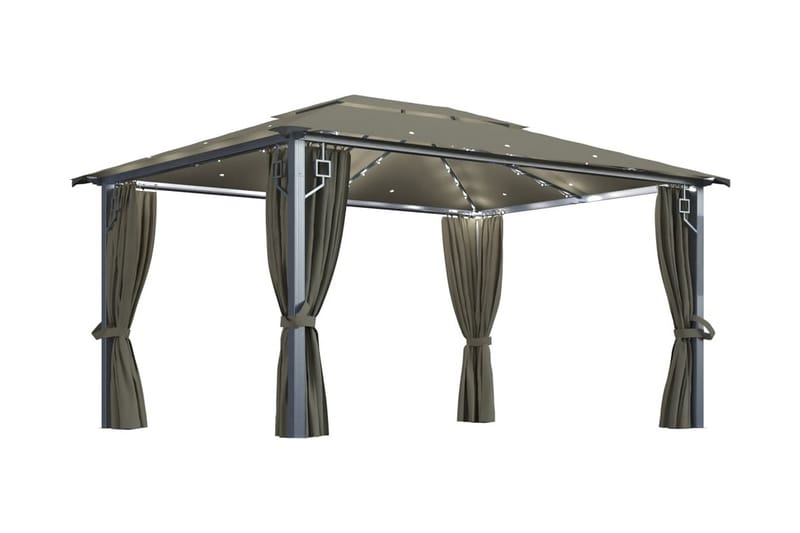 pavillon med gardin og lyskæde 400x300 cm aluminium gråbrun - Gråbrun - Havemøbler - Solafskærmning - Havepavilloner - Komplet pavillon