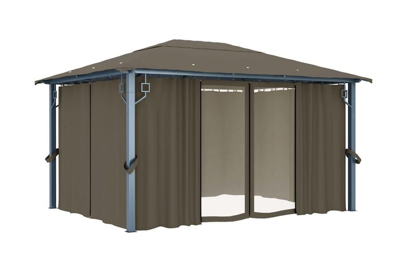 pavillon med gardin og lyskæde 400x300 cm aluminium gråbrun - Gråbrun - Havemøbler - Solafskærmning - Havepavilloner - Komplet pavillon