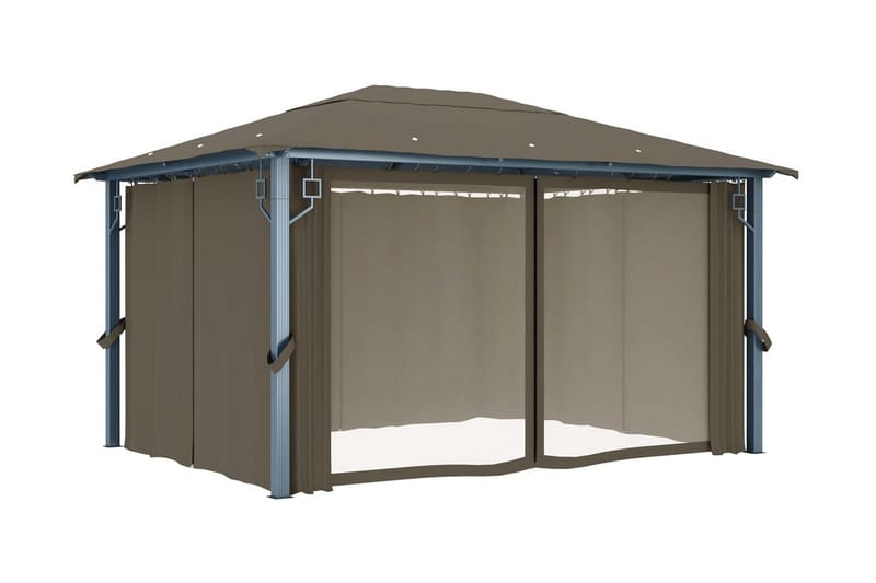 pavillon med gardin og lyskæde 400x300 cm aluminium gråbrun - Gråbrun - Havemøbler - Solafskærmning - Havepavilloner - Komplet pavillon
