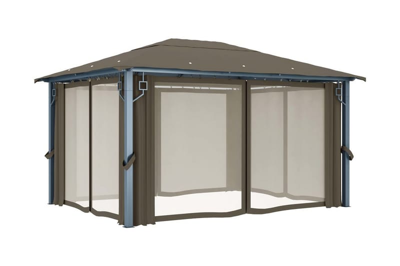 pavillon med gardin og lyskæde 400x300 cm aluminium gråbrun - Gråbrun - Havemøbler - Solafskærmning - Havepavilloner - Komplet pavillon