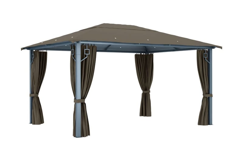 pavillon med gardin og lyskæde 400x300 cm aluminium gråbrun - Gråbrun - Havemøbler - Solafskærmning - Havepavilloner - Komplet pavillon