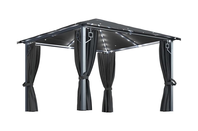 pavillon med gardin og lyskæder 300x300 cm aluminium - Antracit - Havemøbler - Solafskærmning - Havepavilloner - Komplet pavillon
