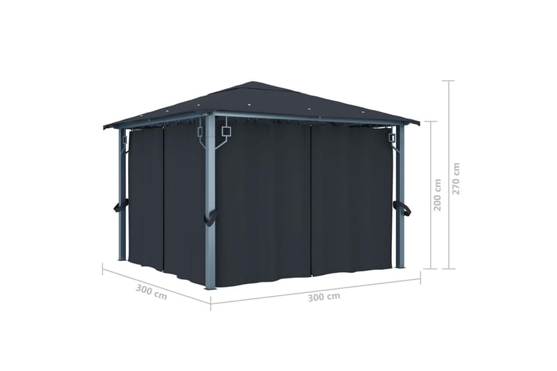 pavillon med gardin og lyskæder 300x300 cm aluminium - Antracit - Havemøbler - Solafskærmning - Havepavilloner - Komplet pavillon