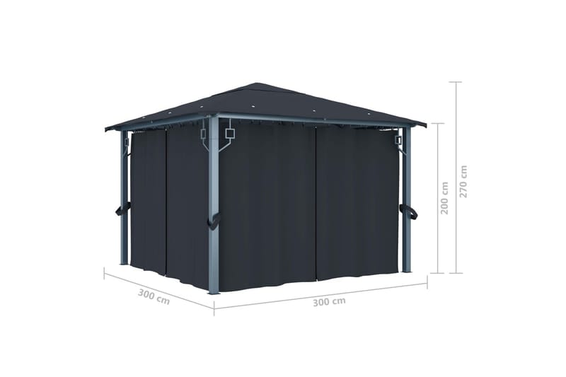 pavillon med gardin og lyskæder 300x300 cm aluminium - Antracit - Komplet pavillon