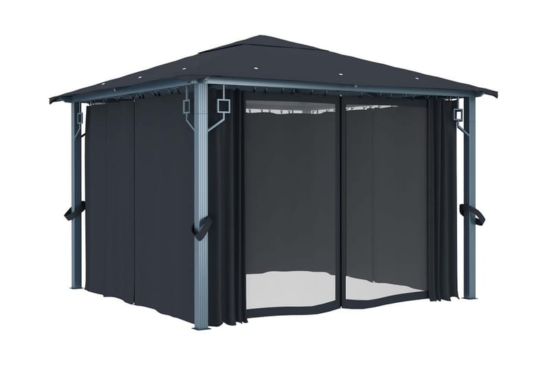 pavillon med gardin og lyskæder 300x300 cm aluminium - Antracit - Havemøbler - Solafskærmning - Havepavilloner - Komplet pavillon
