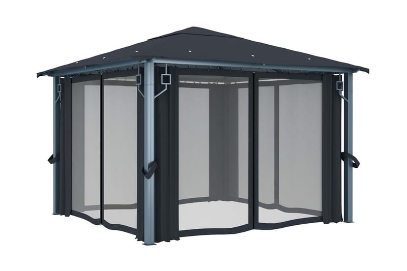pavillon med gardin og lyskæder 300x300 cm aluminium - Antracit - Havemøbler - Solafskærmning - Havepavilloner - Komplet pavillon