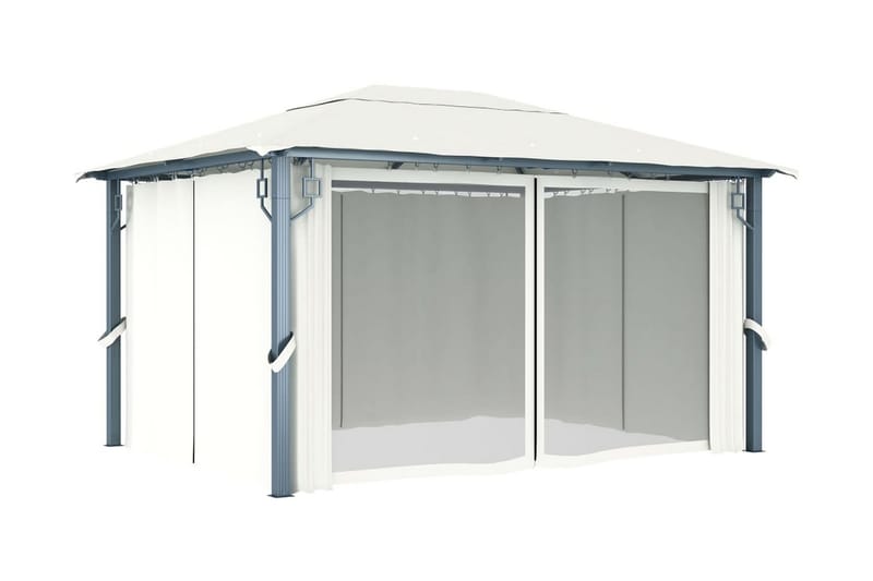 pavillon med gardin og lyskæder 400x300 cm aluminium creme - Creme - Komplet pavillon