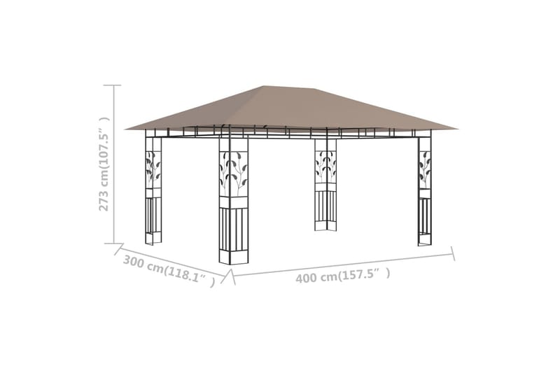 pavillon med myggenet 4x3x2,73 m 180 g/m² gråbrun - Gråbrun - Havemøbler - Solafskærmning - Havepavilloner - Komplet pavillon