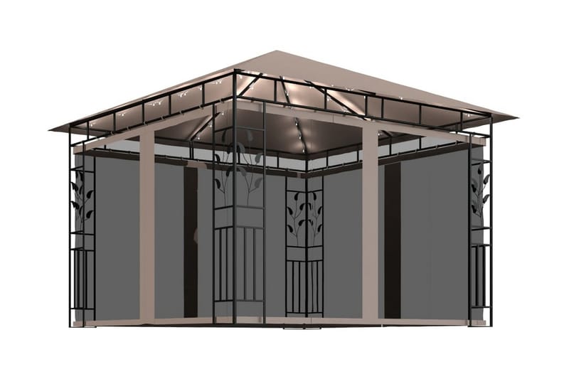 pavillon med myggenet og lyskæder 3x3x2,73 m 180 g/m² - Gråbrun - Komplet pavillon