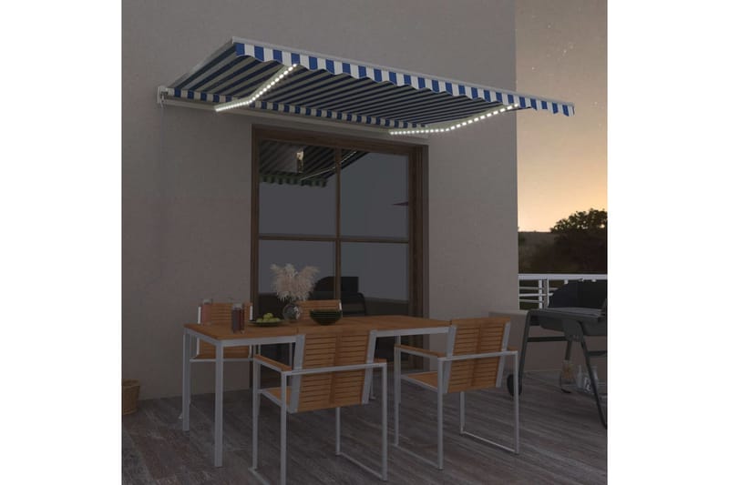 foldemarkise manuel betjening m. LED 400x350 cm blå og hvid - Blå - Balkonmarkise - Markiser - Terrassemarkise
