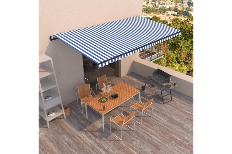 markise 600x350 cm automatisk betjening blå og hvid - Blå - Havemøbler - Solafskærmning - Markiser - Balkonmarkise