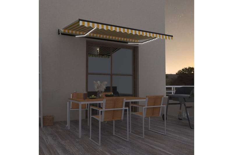markise m. LED + vindsensor 450x350 cm automatisk gul/hvid - Gul - Havemøbler - Solafskærmning - Markiser - Balkonmarkise
