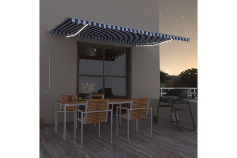 markise m. LED + vindsensor 500x350 cm automatisk blå/hvid - Blå - Havemøbler - Solafskærmning - Markiser - Balkonmarkise