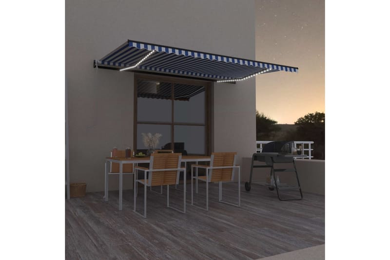 markise m. LED + vindsensor 500x350 cm automatisk blå/hvid - Blå - Havemøbler - Solafskærmning - Markiser - Balkonmarkise